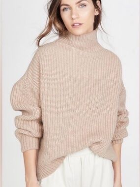 Anine Bing Chunky Ribbed Turtleneck Sweater in Light Beige